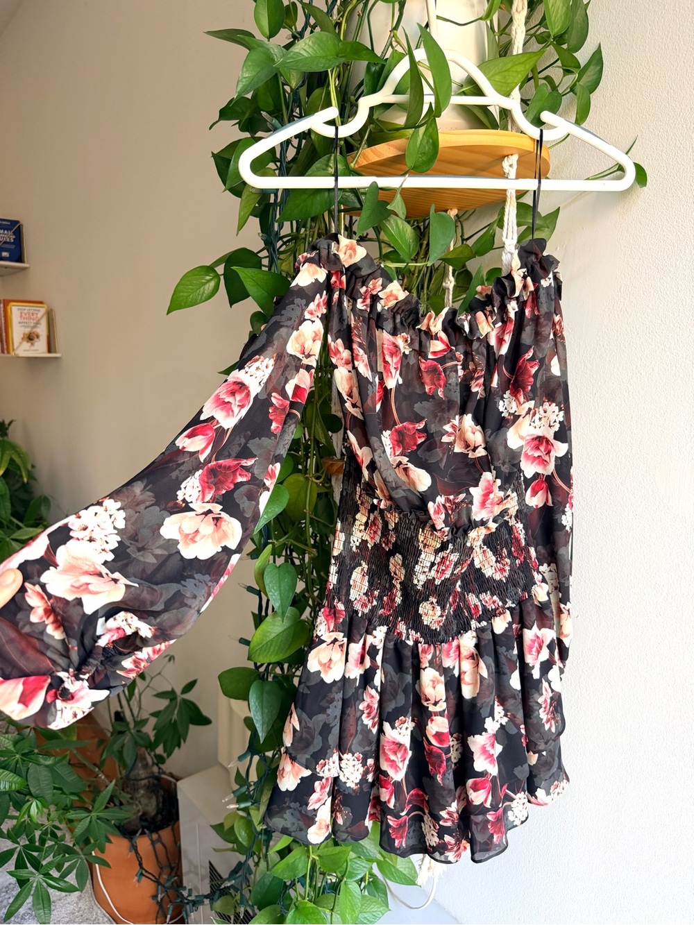 Blue Life Black Floral Off-Shoulder Tiered Mini Dress with Pink & Cream Blooms